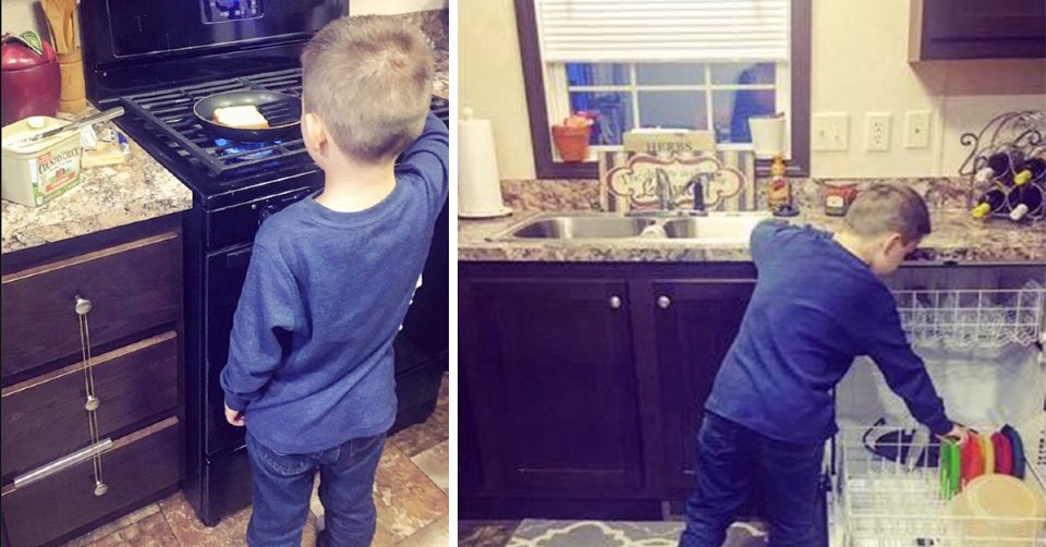 Mom has been criticized for posting photos online of her son doing chores around the house, from cleaning to cooking