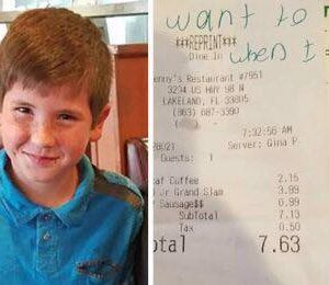 9-year-old boy gives unknown police officer a note in a restaurant