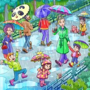 Visual puzzle challenge”: discover the hidden frog in the rainy day picture