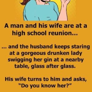 A man is at a high school reunion with his wife