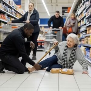 “DON’T LEAVE ME!” THE 90-YEAR-OLD WOMAN FELL TO THE SUPERMARKET FLOOR, DESPERATELY TRYING TO MOVE HERSELF OUT. SHOPPERS STARED BUT DID NOTHING—UNTIL A MAN IN BLACK CAME FORWARD AND CHANGED HER FATE