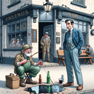 The well-dressed gentleman watched an old man fish in a puddle outside a pub