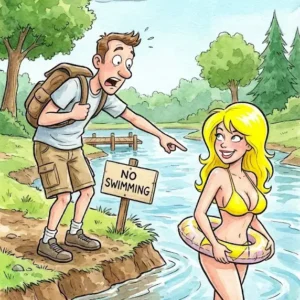 A blonde is swimming in a river.