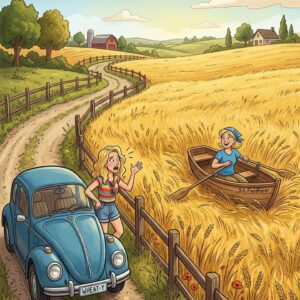 A blonde was driving down an old country road