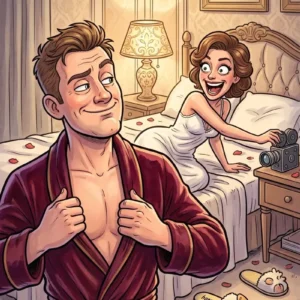 On their first night together, a newlywed couple go to change.