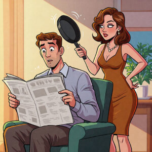 A guy is reading his paper when his wife walks up behind him