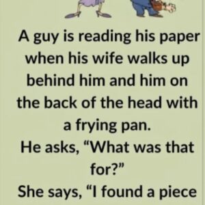 A guy is reading his paper when his wife walks up behind him
