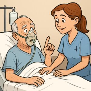 A man was lying in a hospital bed, hooked up to oxygen, recovering from surgery.