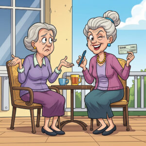 A couple of old ladies were sitting on a patio