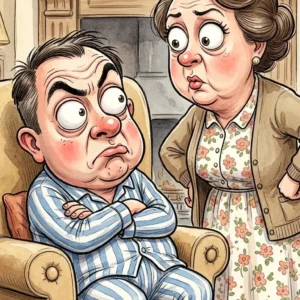 A husband and wife get up on Sunday morning.