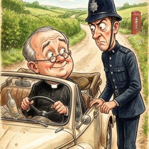 A priest is driving on the highway when he’s pulled over for speeding.