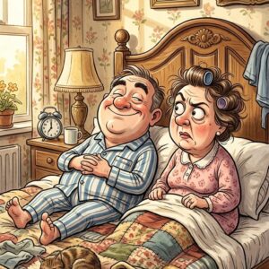 A woman asks her husband at breakfast time,