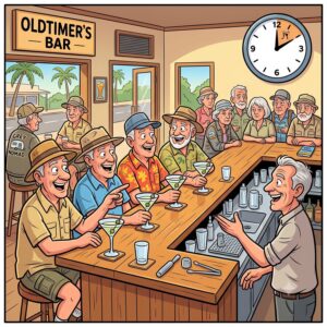 Four retired old men are walking down a street in Cooktown.